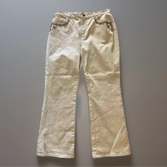 Vintage Ralph Lauren Pants Jeans Sz 10 Petite Tan Studded Preppy Bootcut Y2K - Picture 1 of 8